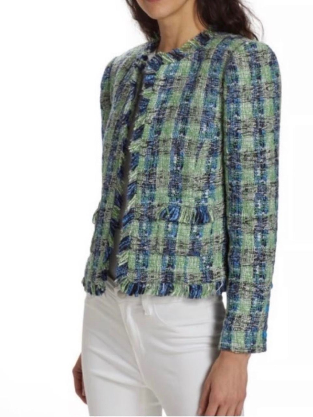 L'Agence Angelina Tweed Jacket Womens 8 Green Blue Plaid Excellent Fringe Trim - Picture 3 of 11
